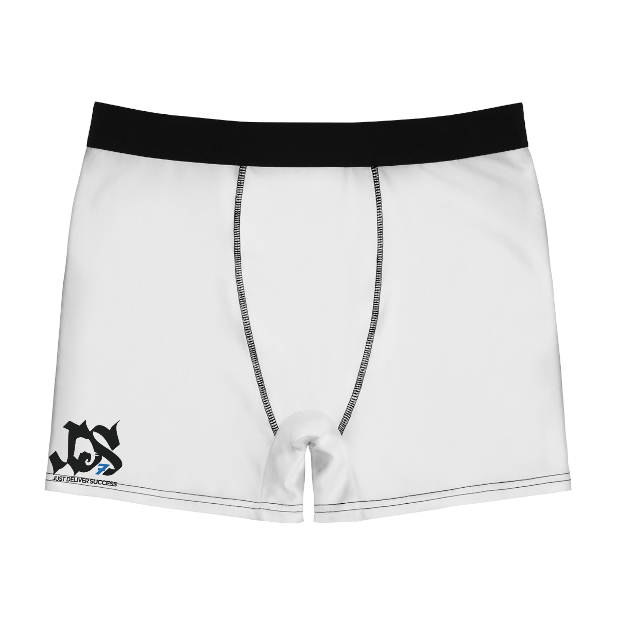 Custom Men’s Boxer Briefs with JDS in white color featuring a black waistband and logo.