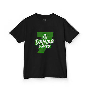 Kids That City 7 Green Just Deliver Success Tee on a black t-shirt with graphic design.