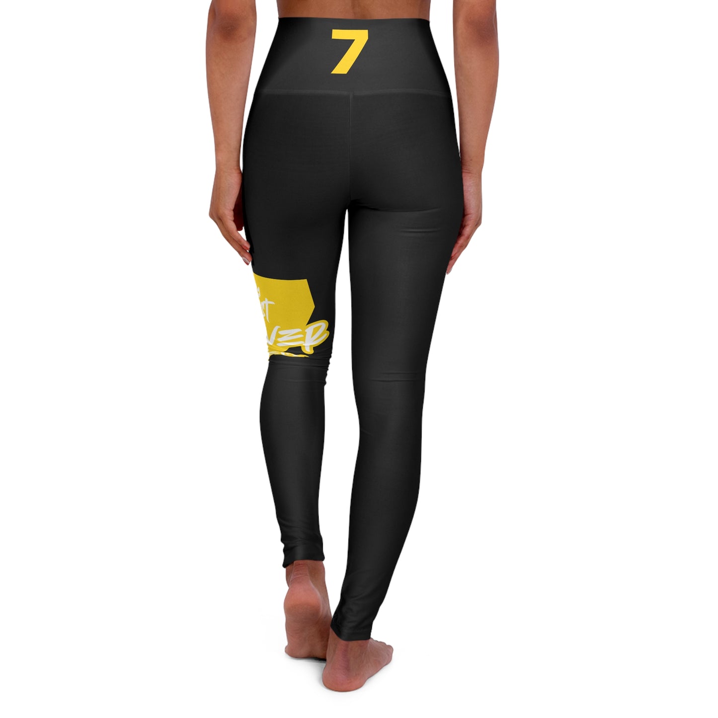 Just Deliver Success Gold High Waisted Yoga Leggings featuring a motivational design and high waisted fit.