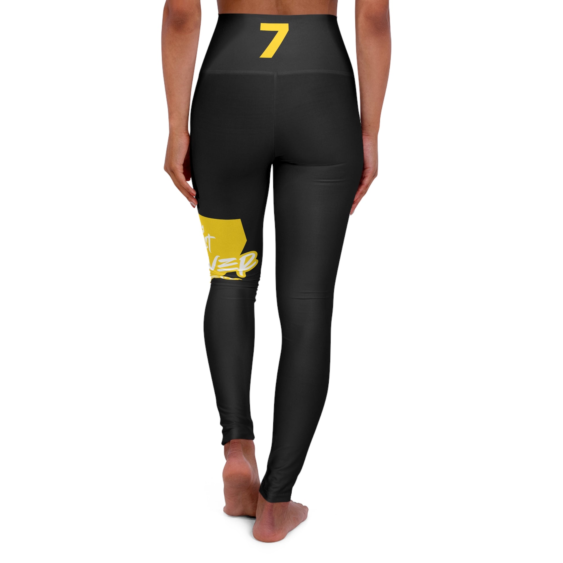 Just Deliver Success Gold High Waisted Yoga Leggings featuring a motivational design and high waisted fit.