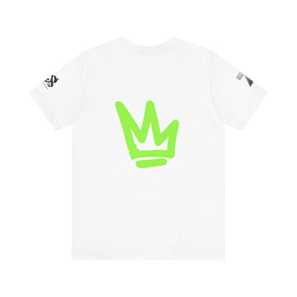 Just Deliver Success Da Desert That City 7 Summer Collection white t-shirt with neon green crown logo on back.