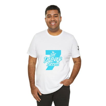 Just Deliver Success Light Blue That City 7 Summer Collection t-shirt model wearing a white shirt with blue graphics.