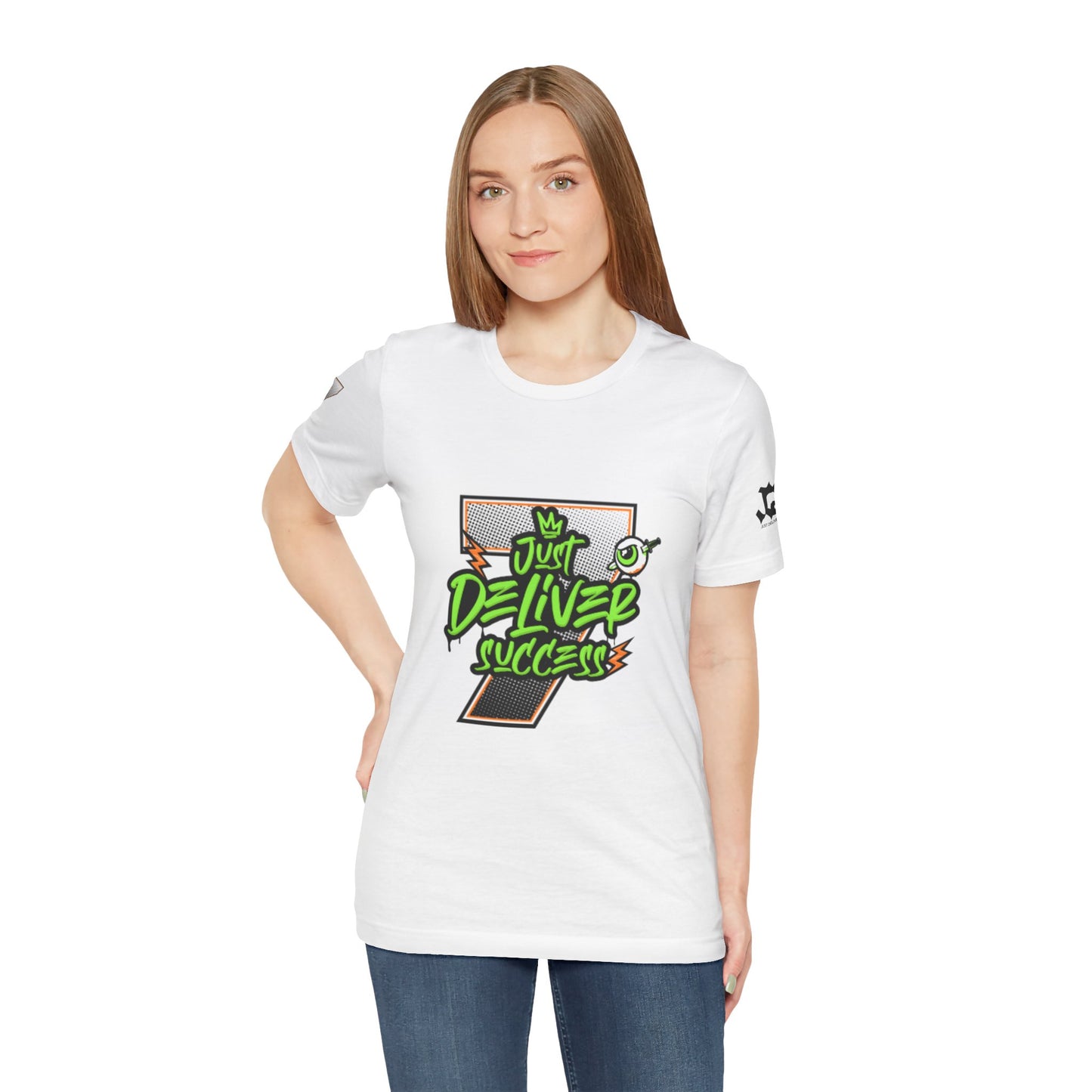 Model wearing white t-shirt featuring 'Just Deliver Success Da Desert That City 7 Summer Collection' graphic design.