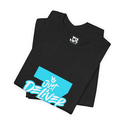Just Deliver Success Light Blue That City 7 Summer Collection black t-shirt design with blue lettering on a folded shirt.
