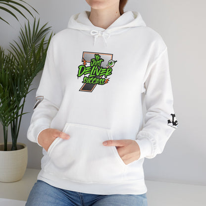 Unisex Hoodie - Just Deliver Success Da Desert Collection worn by a model, featuring a graphic design and white color.