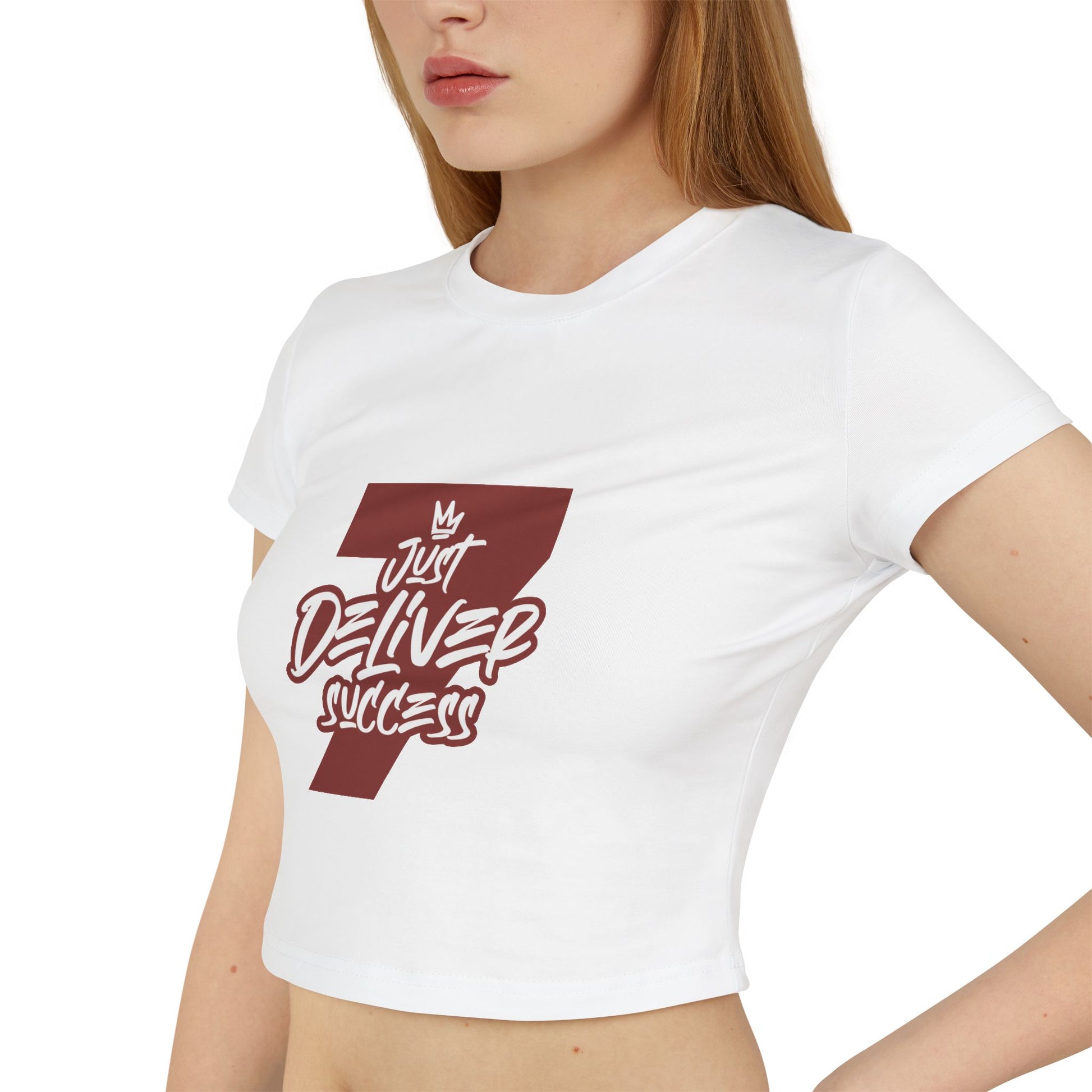 Just Deliver Success Women's Baby Tee That City 7 Collection in white with stylish logo on the front.