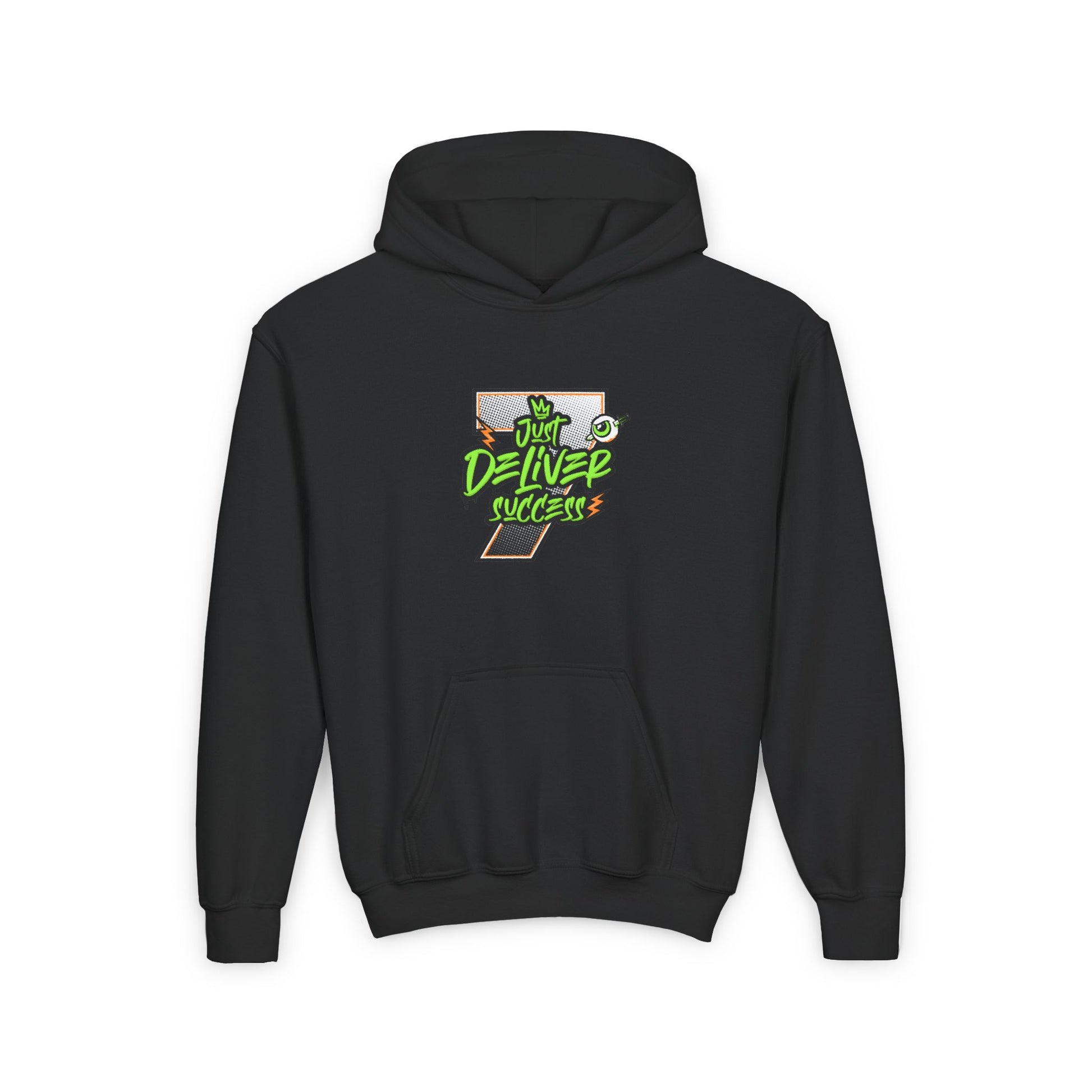 Youth Hooded Sweatshirt - Da Desert Collection featuring bold 'Just Deliver Success' graphic on dark background.