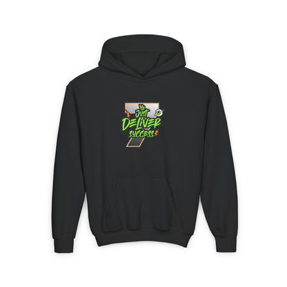 Youth Hooded Sweatshirt - Da Desert Collection featuring bold 'Just Deliver Success' graphic on dark background.