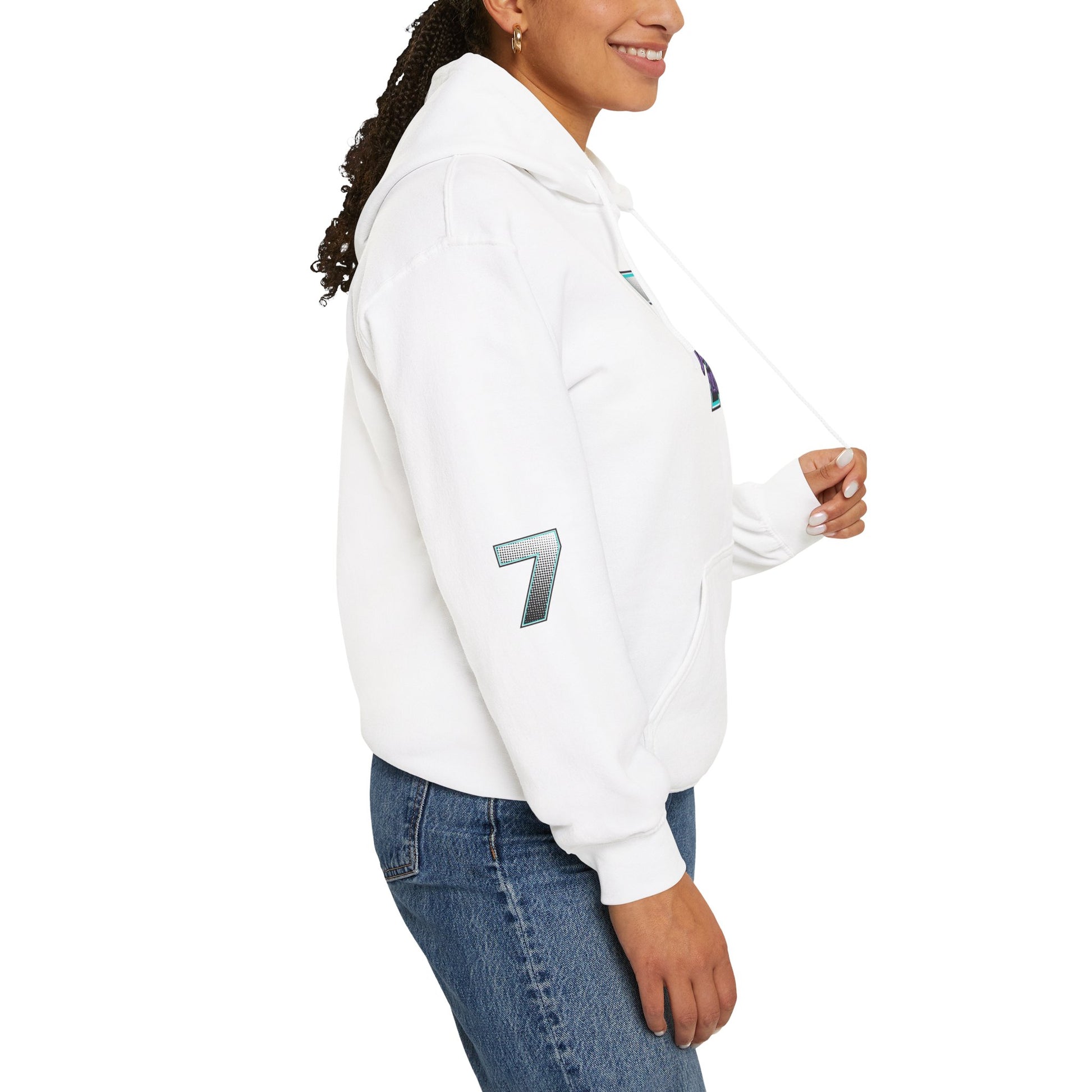 Unisex Just Deliver Success That City 7 Sweater showcased on a model wearing a white hoodie with a '7' on the sleeve.