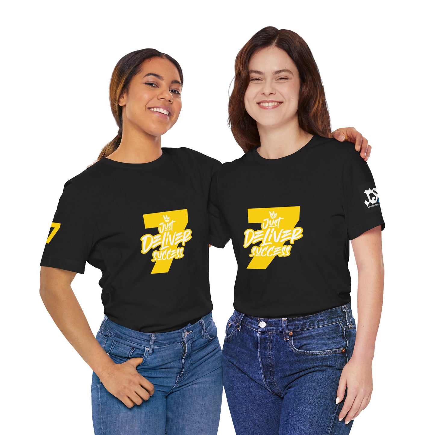 Two women wearing black t-shirts featuring the Just Deliver Success Gold That City 7 Summer Collection logo.