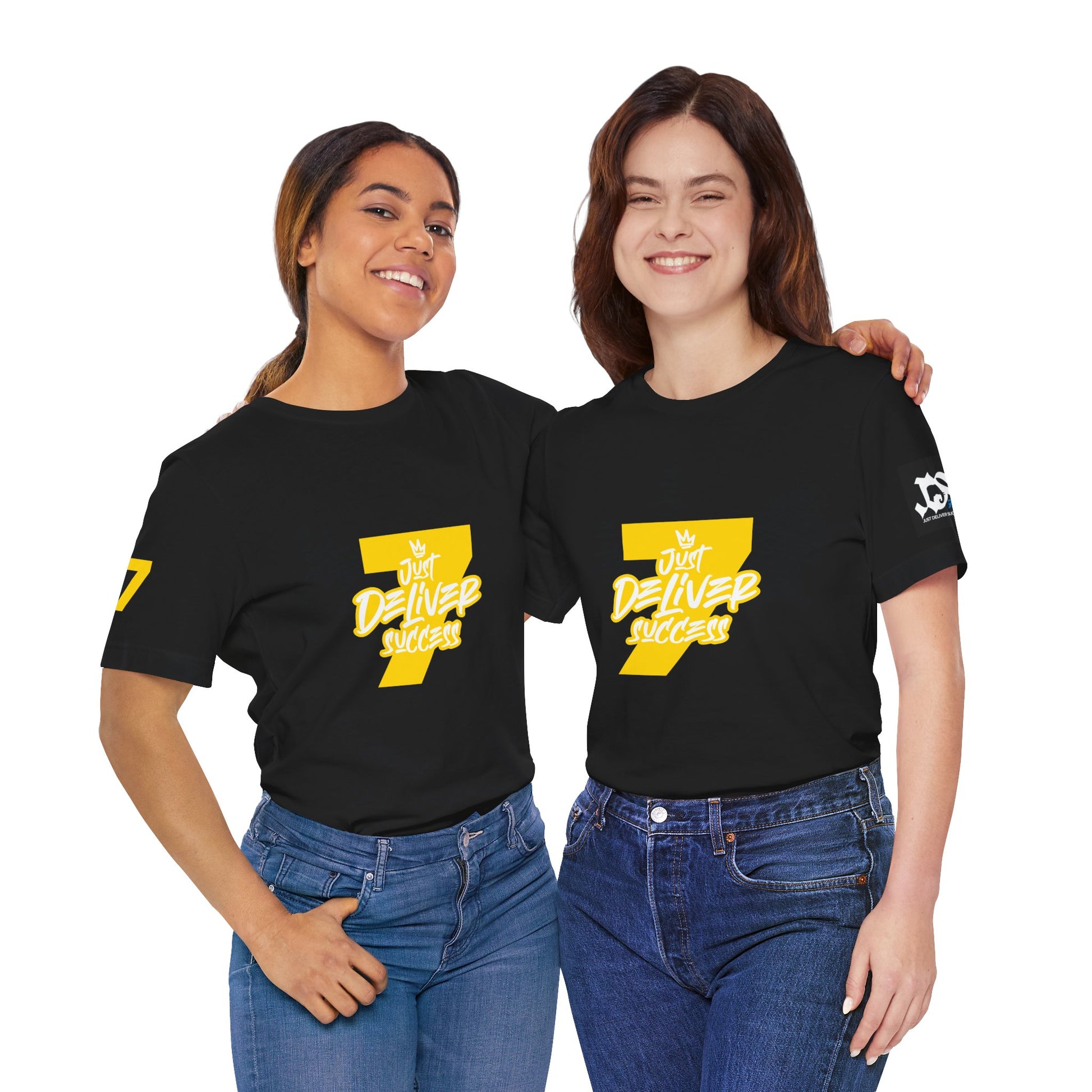 Two women wearing black t-shirts featuring the Just Deliver Success Gold That City 7 Summer Collection logo.