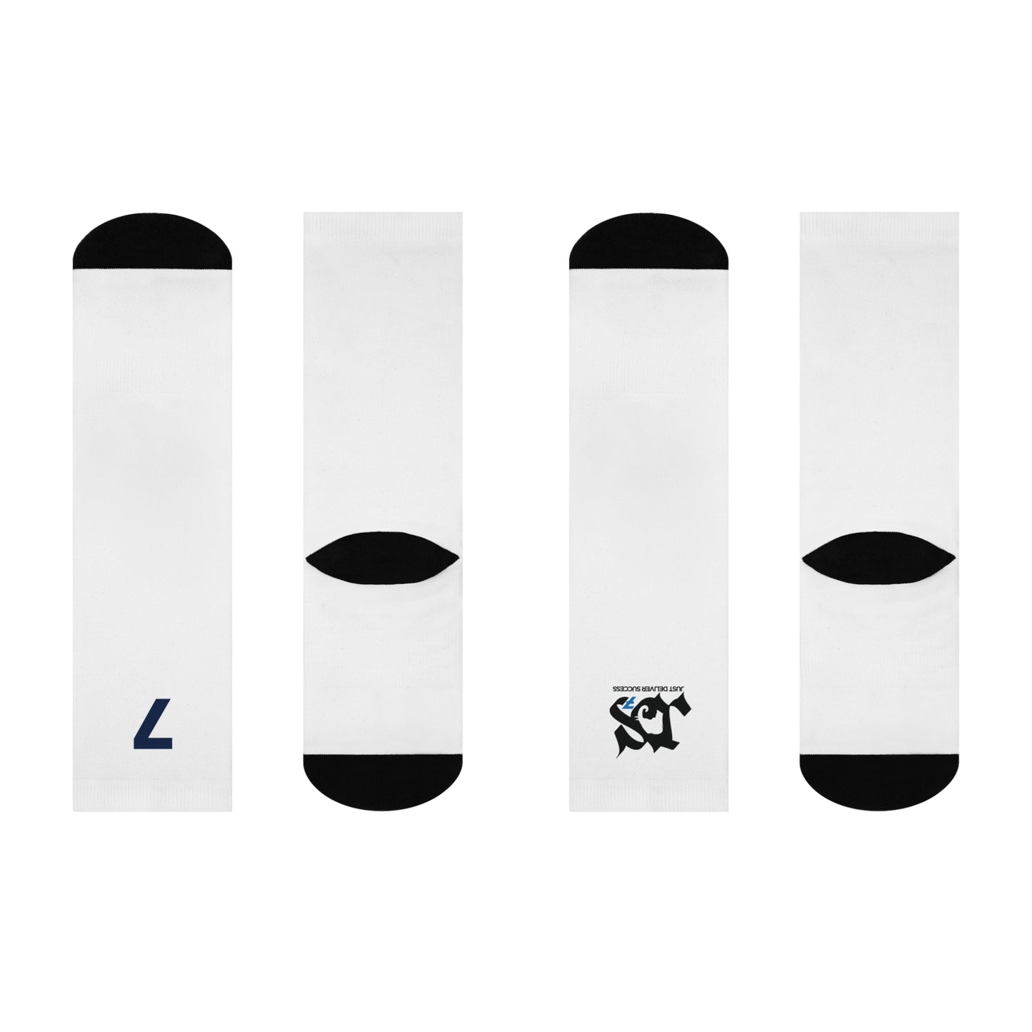Just Delivers Success Cushioned Crew Socks in white with black accents showing four views.
