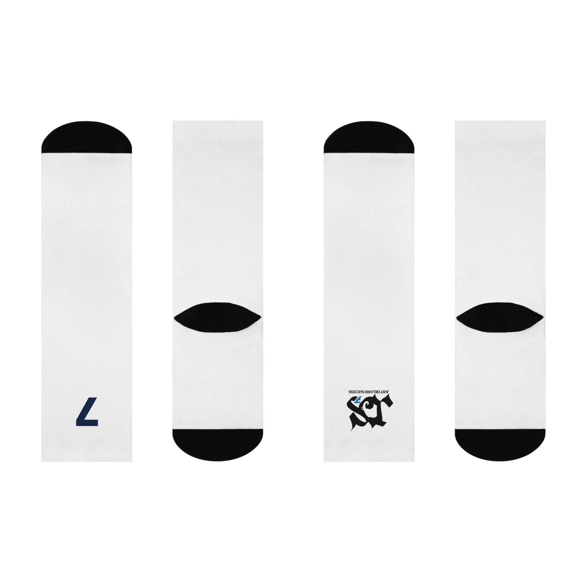 Just Delivers Success Cushioned Crew Socks in white with black accents showing four views.