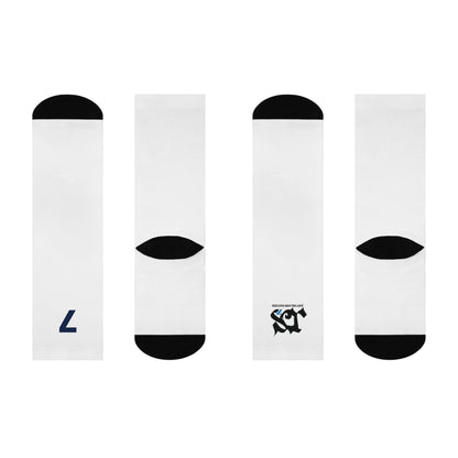 Just Delivers Success Cushioned Crew Socks in white with black accents showing four views.