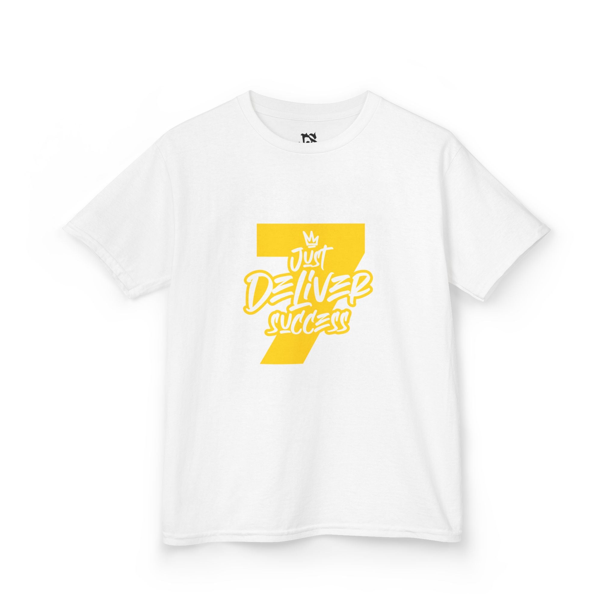 Kids That City 7 Gold Just Deliver Success Tee in white with yellow graphic design.