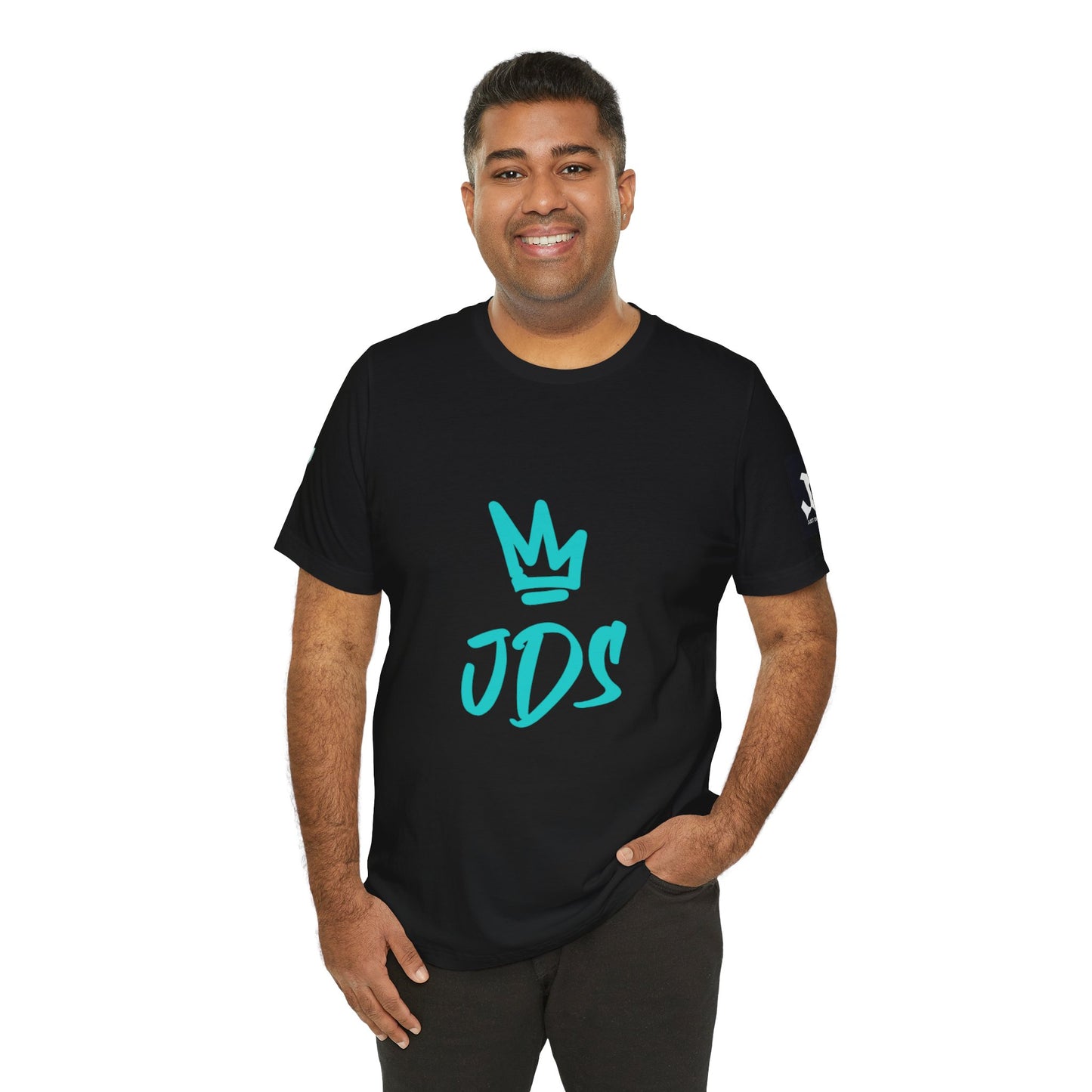 Person wearing Just Deliver Success Blue Combo That City 7 Summer Collection black t-shirt with JDS logo.