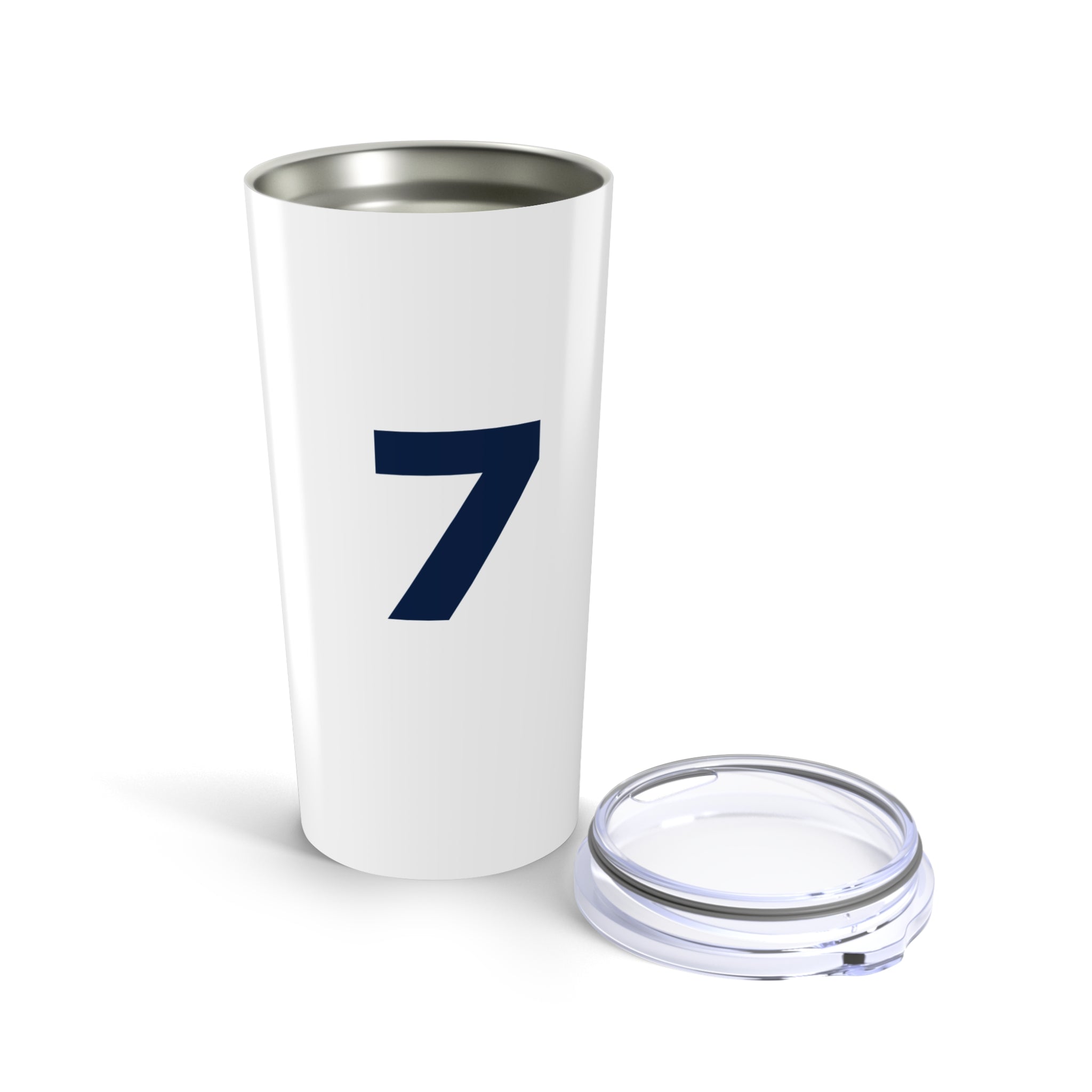 JDS 20oz Tumbler - Stylish & Durable Drinkware with number 7 design and clear lid.