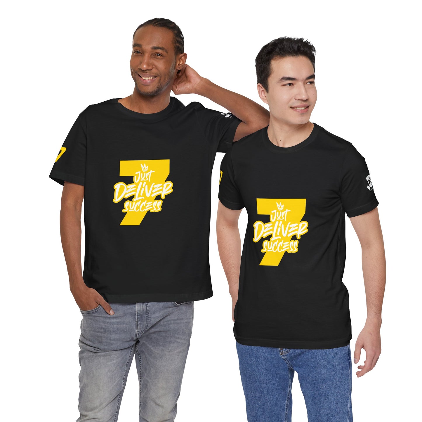 Two men wearing black t-shirts showcasing the Just Deliver Success Gold That City 7 Summer Collection design.