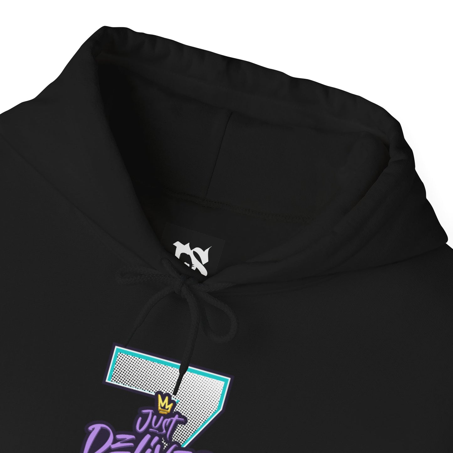 Unisex Just Deliver Success That City 7 Sweater with hood and graphic design in black.