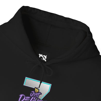 Unisex Just Deliver Success That City 7 Sweater with hood and graphic design in black.
