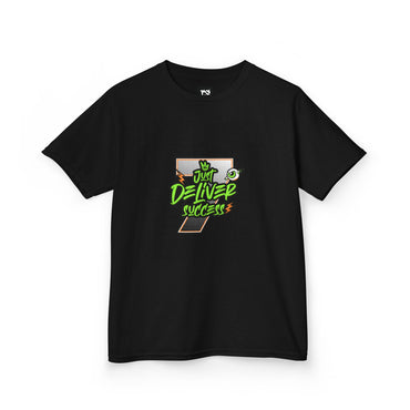 Kids Da Desert Green Just Deliver Success Kids Tee on a black shirt with vibrant graphic design.