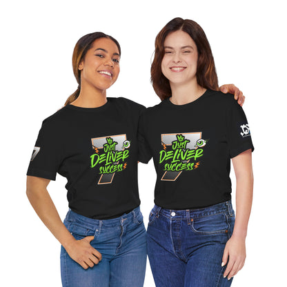 Two women wearing black t-shirts with the design 'Just Deliver Success Da Desert That City 7 Summer Collection'.