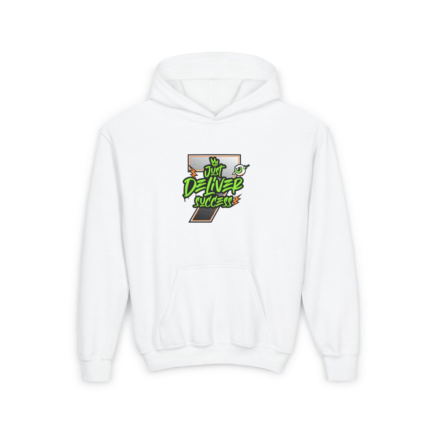 Youth Hooded Sweatshirt - Da Desert Collection featuring a graphic design that reads 'Just Deliver Success'.
