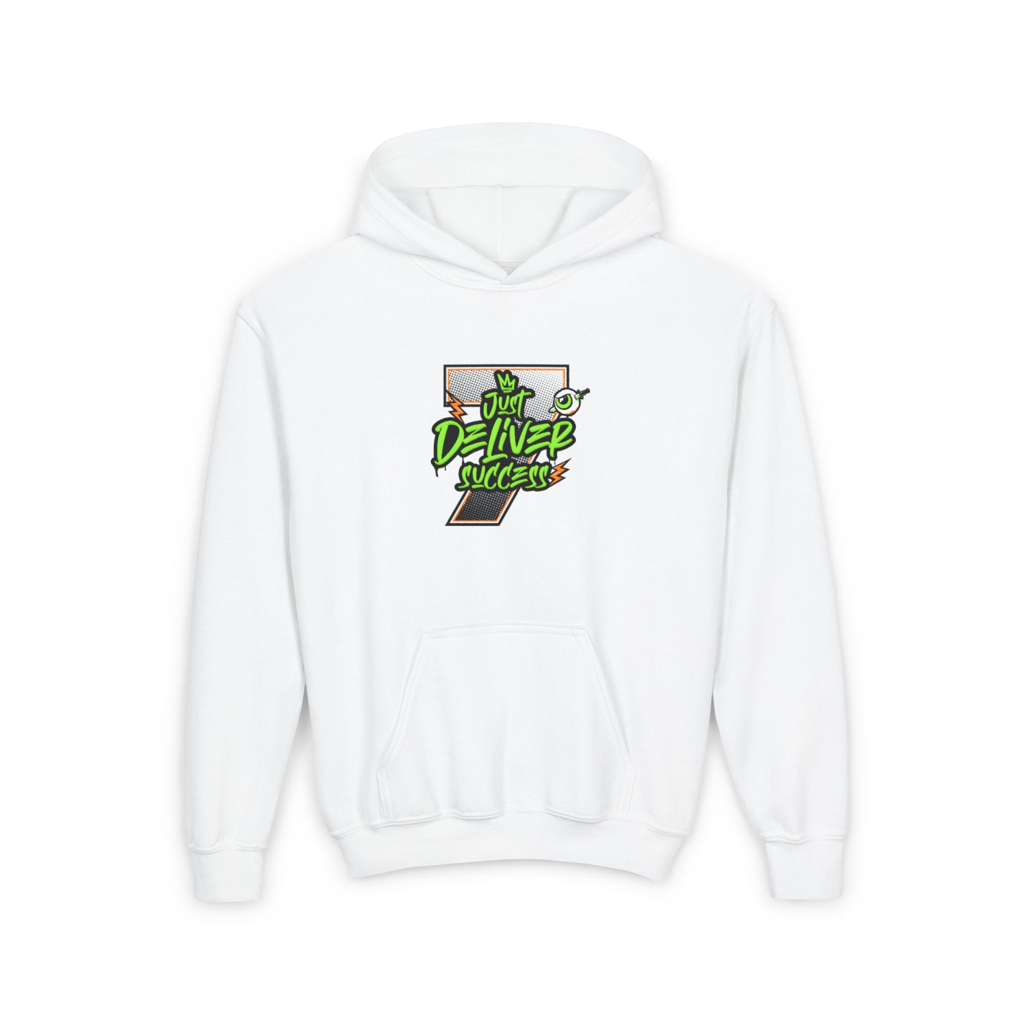 Youth Hooded Sweatshirt - Da Desert Collection featuring a graphic design that reads 'Just Deliver Success'.