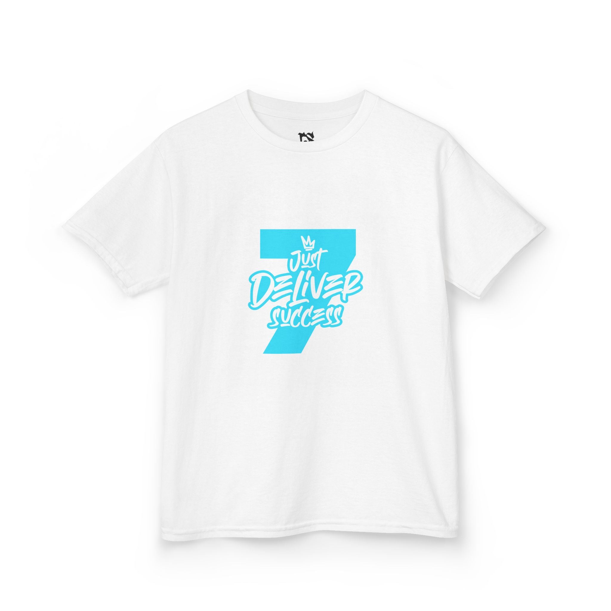 Kids That City 7 Light Blue Just Deliver Success Tee displayed on a white background, featuring a playful graphic design.