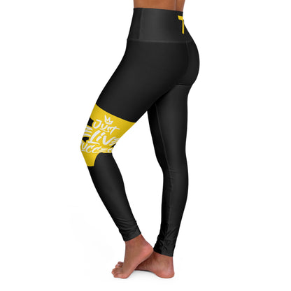 Just Deliver Success Gold High Waisted Yoga Leggings on a model showcasing the bold design and high waist fit.