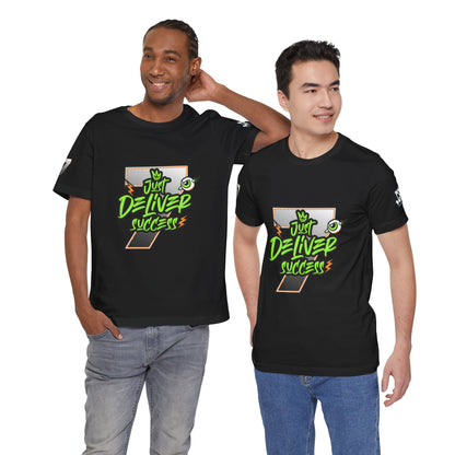 Two models wearing Just Deliver Success Da Desert That City 7 Summer Collection t-shirts, showcasing vibrant designs.