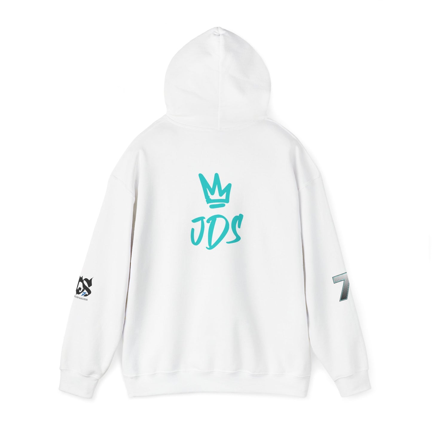 Unisex Just Deliver Success That City 7 Sweater in white, featuring JDS logo on the back and sleeve designs.