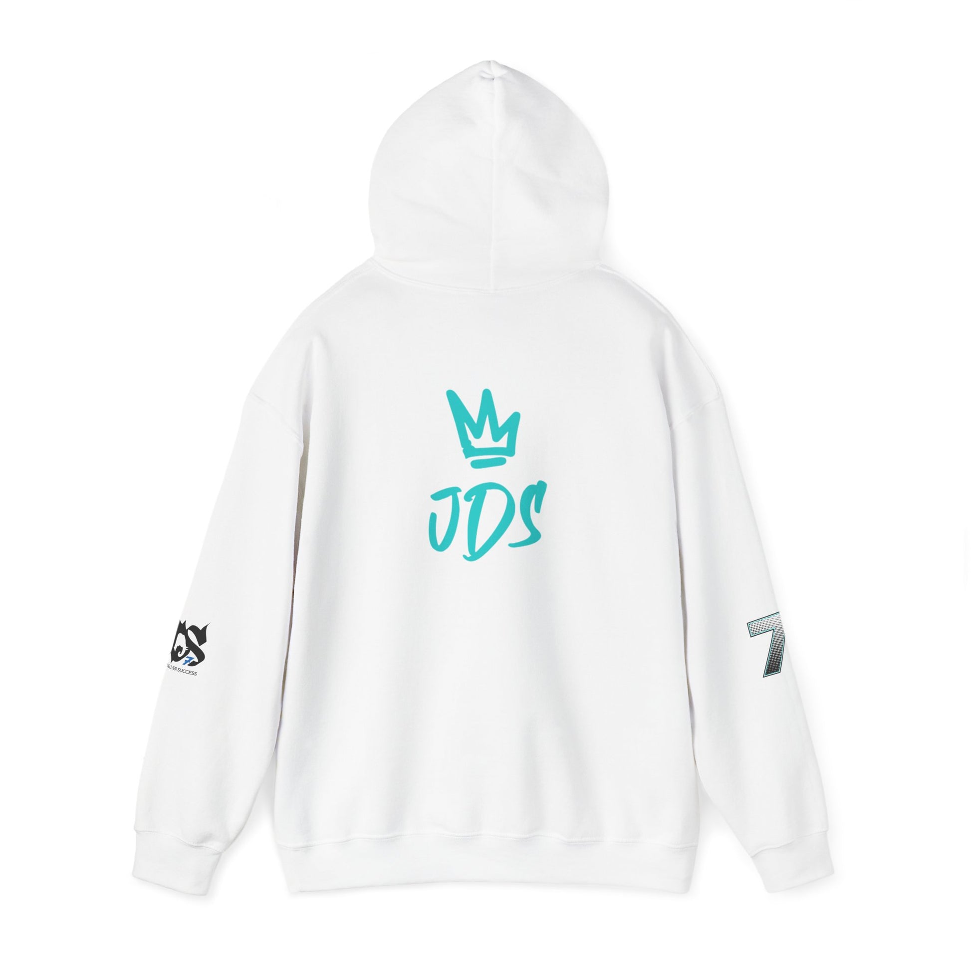 Unisex Just Deliver Success That City 7 Sweater in white, featuring JDS logo on the back and sleeve designs.