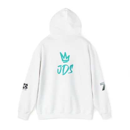 Unisex Just Deliver Success That City 7 Sweater in white, featuring JDS logo on the back and sleeve designs.