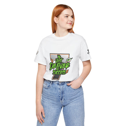 Model wearing a white t-shirt featuring the design 'Just Deliver Success Da Desert That City 7 Summer Collection'.