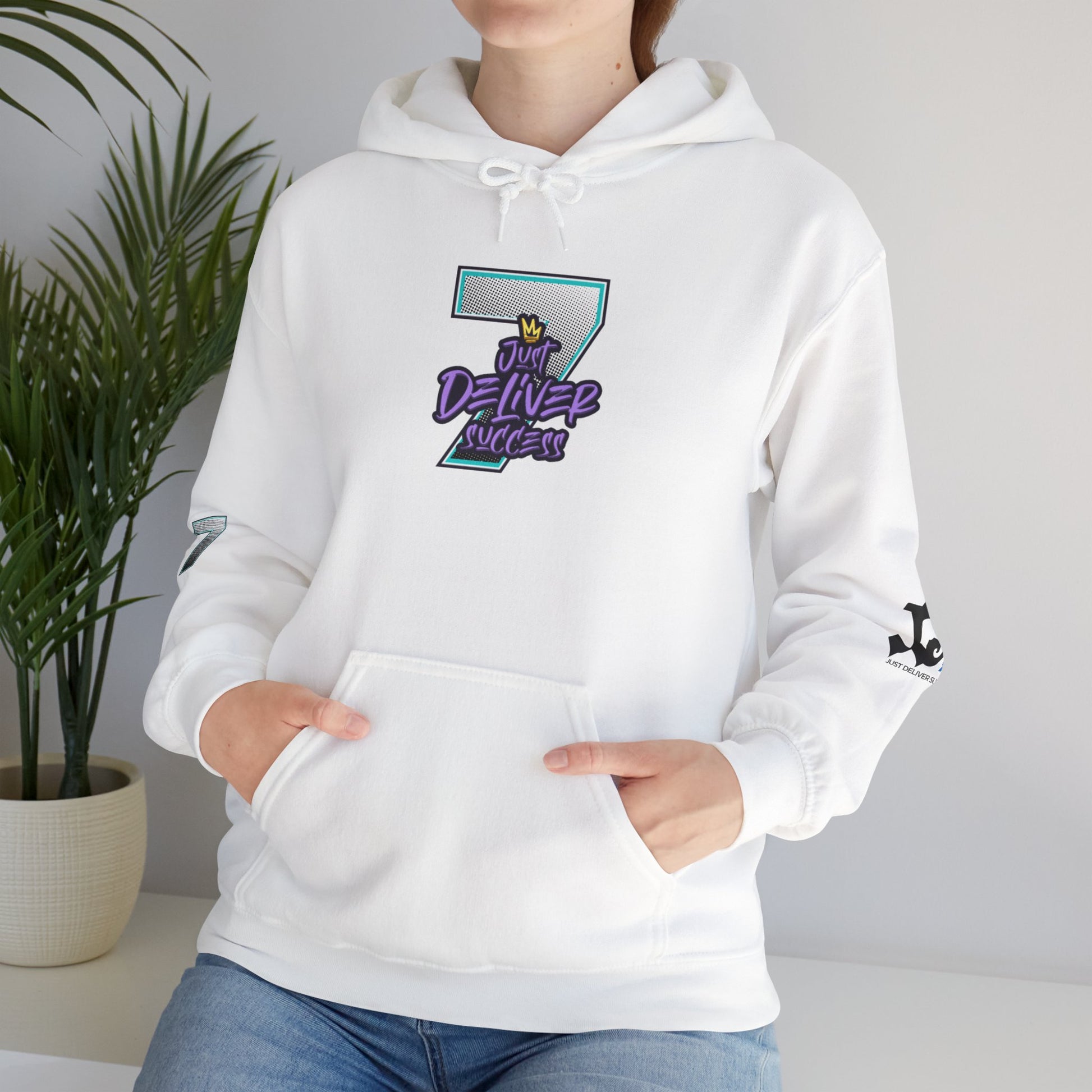 Unisex Just Deliver Success That City 7 Sweater featuring white hoodie with graphic design and front pocket.
