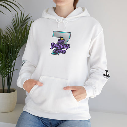 Unisex Just Deliver Success That City 7 Sweater featuring white hoodie with graphic design and front pocket.