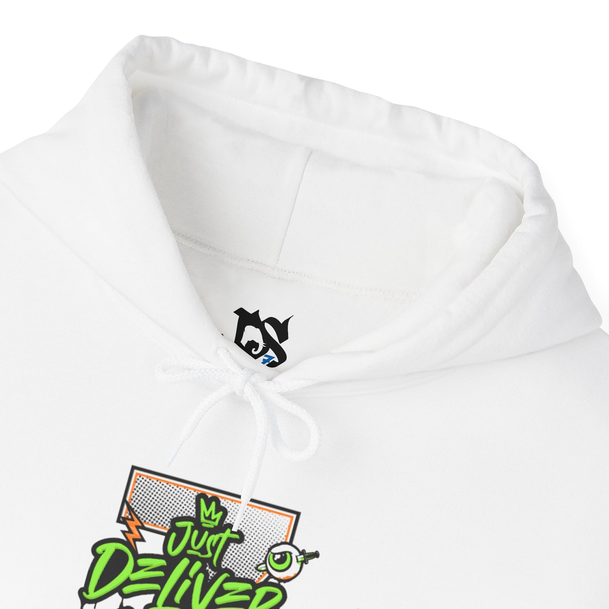Unisex Hoodie - Just Deliver Success Da Desert Collection close-up of white fabric and colorful graphic design.