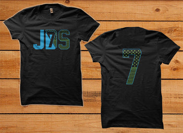 B-Wood JDS 7 Modern Streetwear Fashion T-Shirt black design with 'JDS' front and '7' back on wooden background.